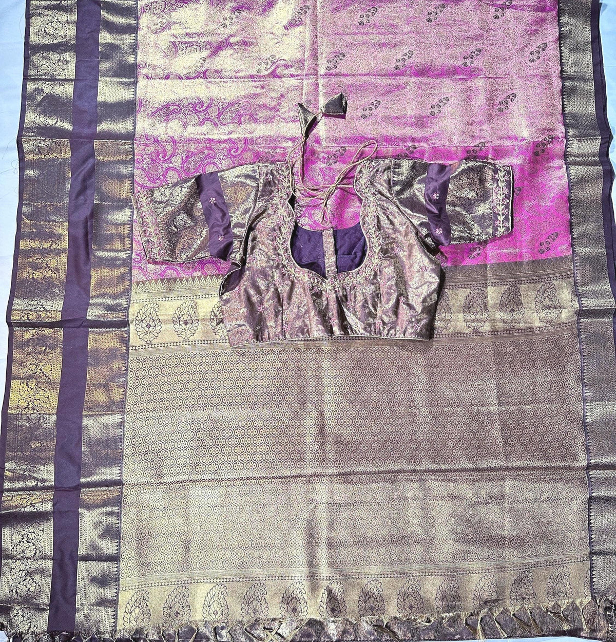 Premium Kanjivaram Gap Border Silk Saree with Stitched Maggam Work Blouse Partywear Grand Saree for Wedding receptions.
