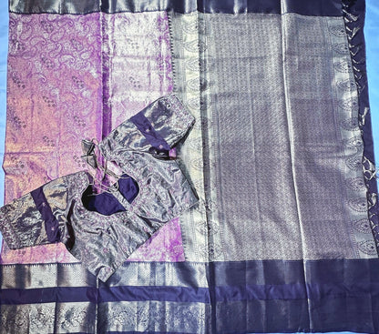 Premium Kanjivaram Gap Border Silk Saree with Stitched Maggam Work Blouse Partywear Grand Saree for Wedding receptions.