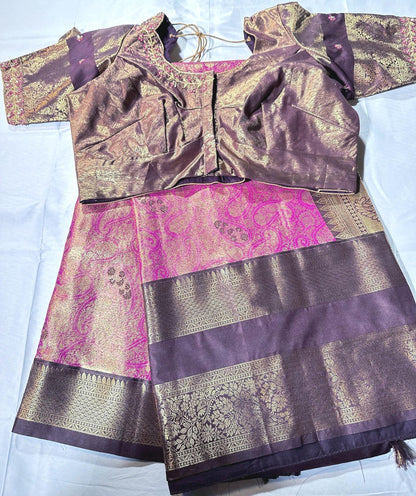 Premium Kanjivaram Gap Border Silk Saree with Stitched Maggam Work Blouse Partywear Grand Saree for Wedding receptions.