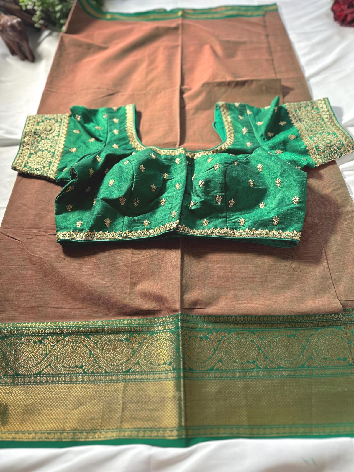 Handloom Chettinad Cotton Gift Saree with Kanchi Border, Running Blouse Plus Stitched Blouse | Shipping from USA