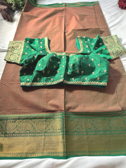 Handloom Chettinad Cotton Gift Saree with Kanchi Border, Running Blouse Plus Stitched Blouse | Shipping from USA