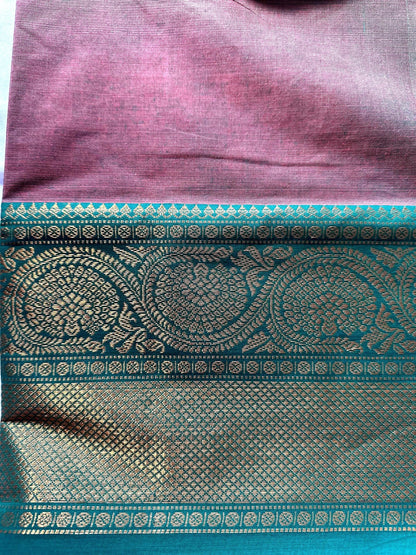 Handloom Chettinad Cotton Gift Saree with Kanchi Border, Running Blouse Plus Stitched Blouse | Shipping from USA