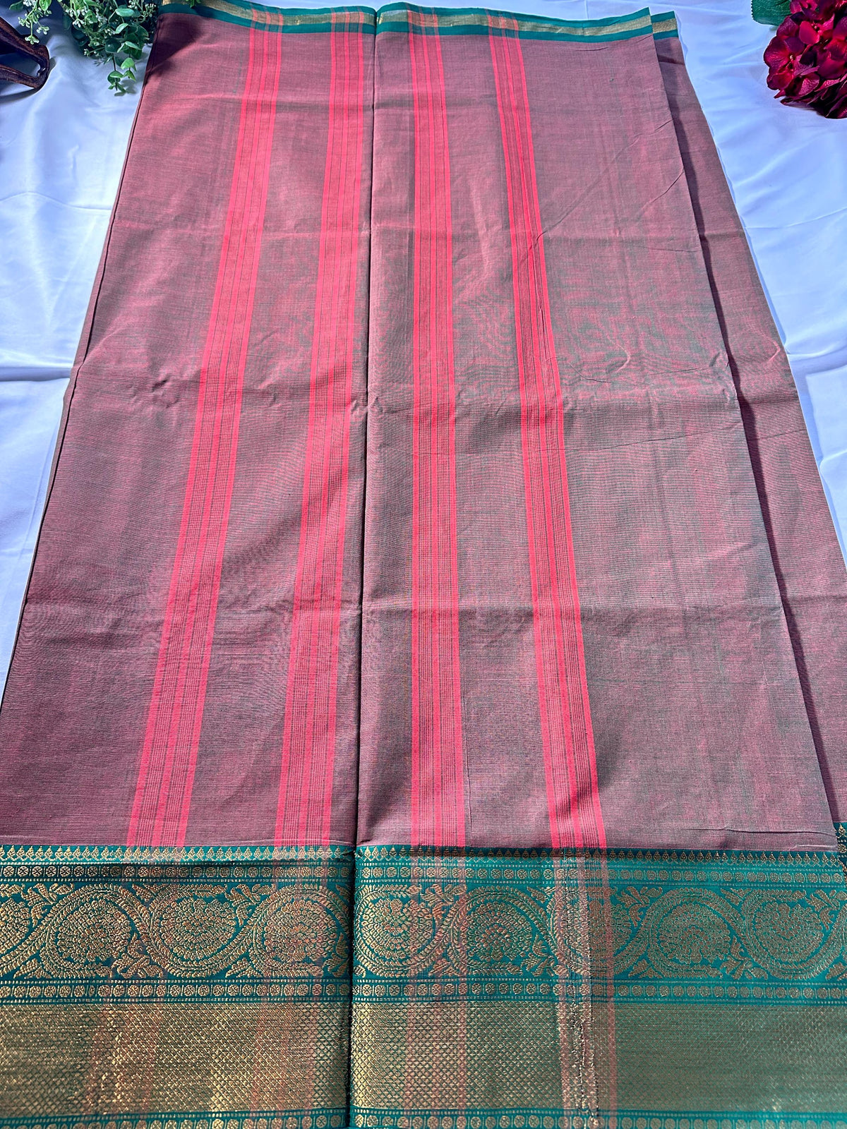 Handloom Chettinad Cotton Gift Saree with Kanchi Border, Running Blouse Plus Stitched Blouse | Shipping from USA