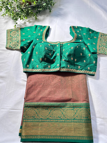 Handloom Chettinad Cotton Gift Saree with Kanchi Border, Running Blouse Plus Stitched Blouse | Shipping from USA
