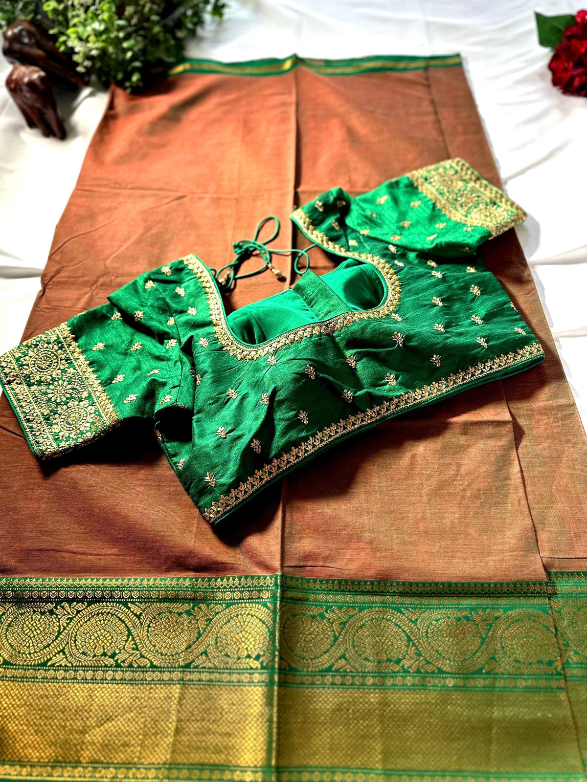 Handloom Chettinad Cotton Gift Saree with Kanchi Border, Running Blouse Plus Stitched Blouse | Shipping from USA