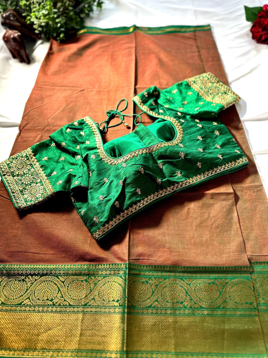 Handloom Chettinad Cotton Gift Saree with Kanchi Border, Running Blouse Plus Stitched Blouse | Shipping from USA
