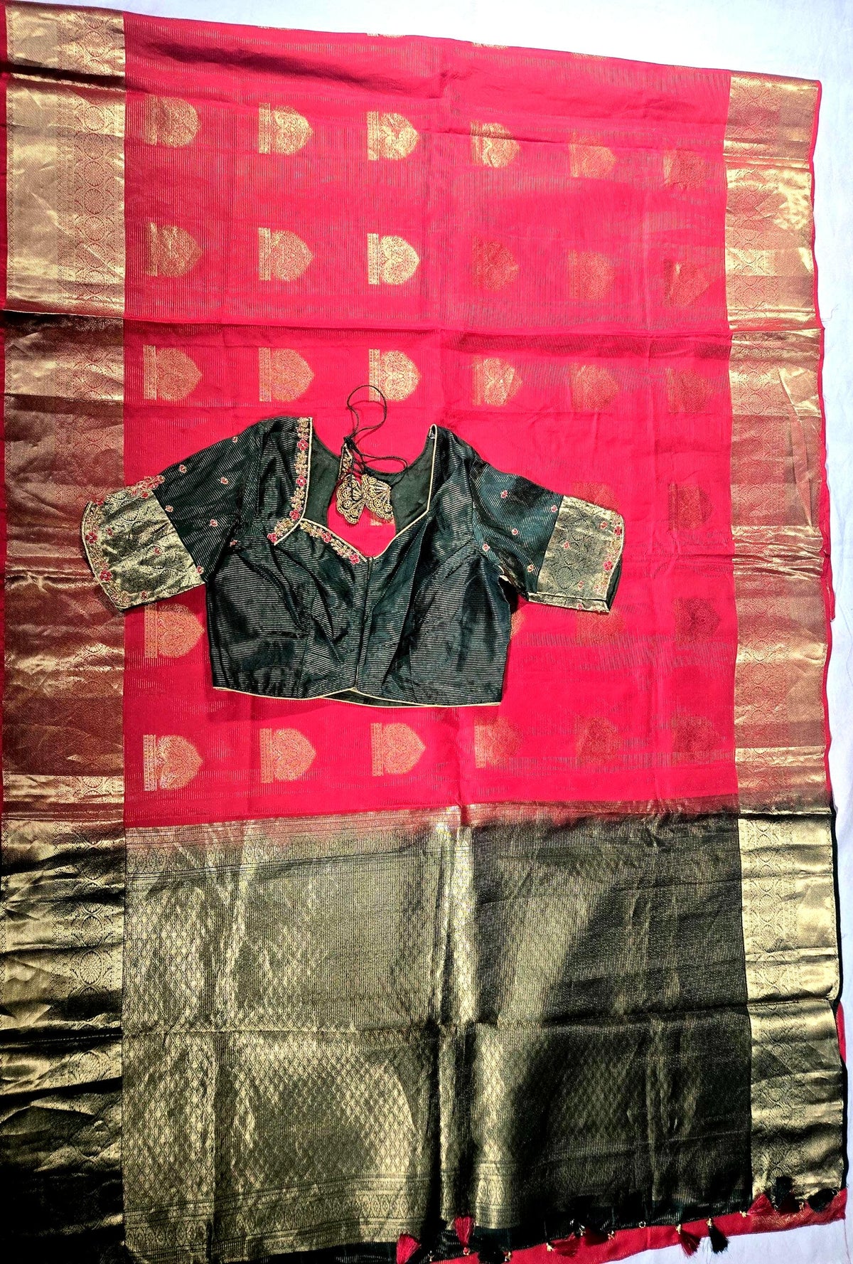 Handloom Pure Kanjivaram Red Silk Saree with Stitched Blouse | Wedding Saree With Stitched Maggam Work Blouse | Indian Party Wear Saree