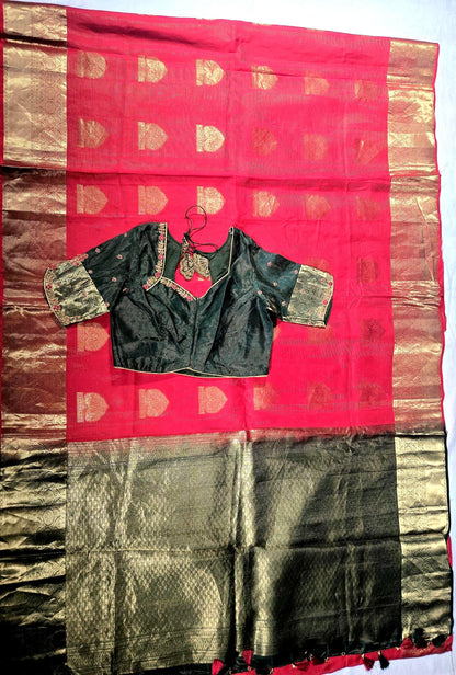 Handloom Pure Kanjivaram Red Silk Saree with Stitched Blouse | Wedding Saree With Stitched Maggam Work Blouse | Indian Party Wear Saree