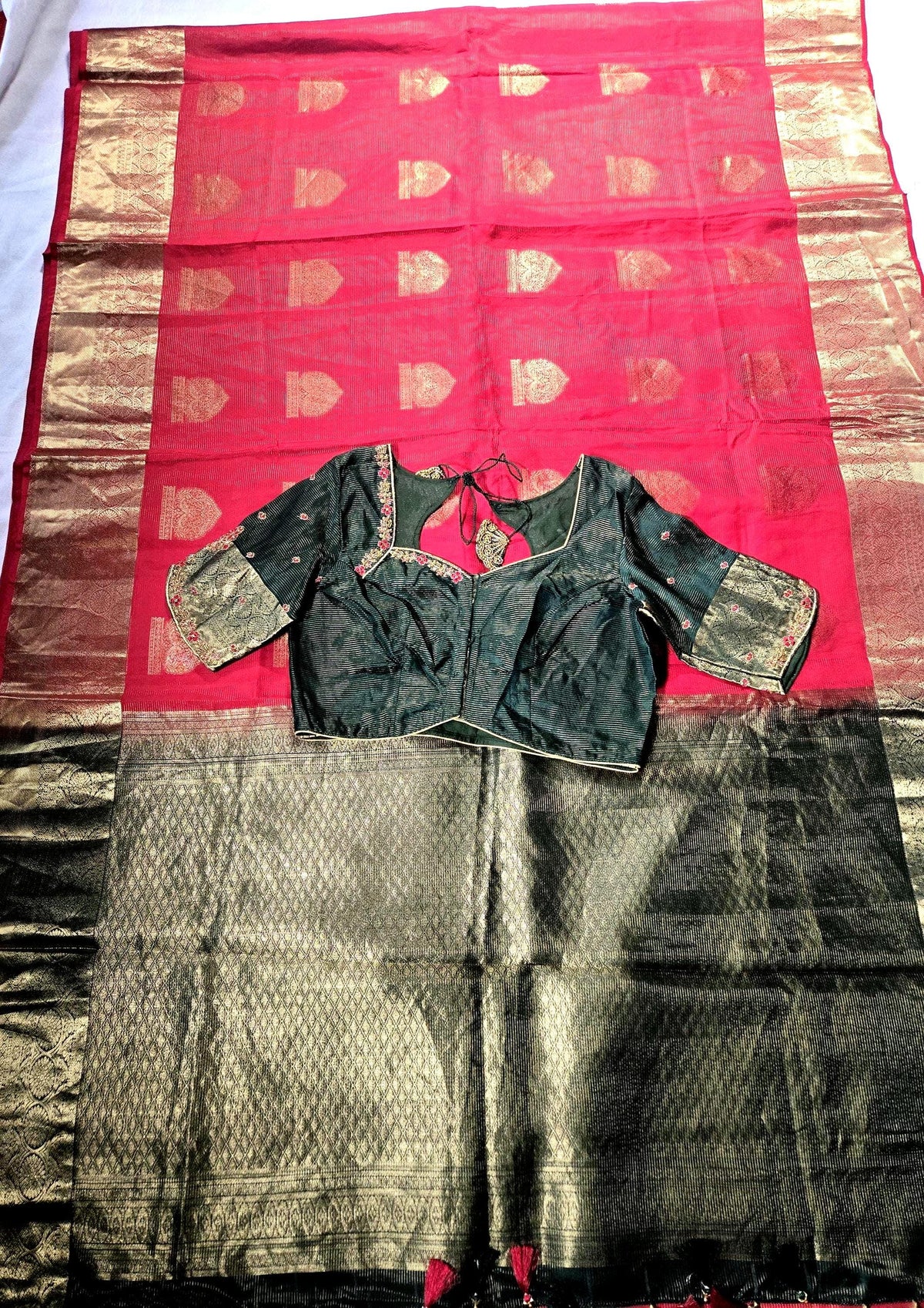 Handloom Pure Kanjivaram Red Silk Saree with Stitched Blouse | Wedding Saree With Stitched Maggam Work Blouse | Indian Party Wear Saree