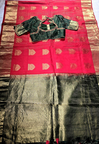 Handloom Pure Kanjivaram Red Silk Saree with Stitched Blouse | Wedding Saree With Stitched Maggam Work Blouse | Indian Party Wear Saree