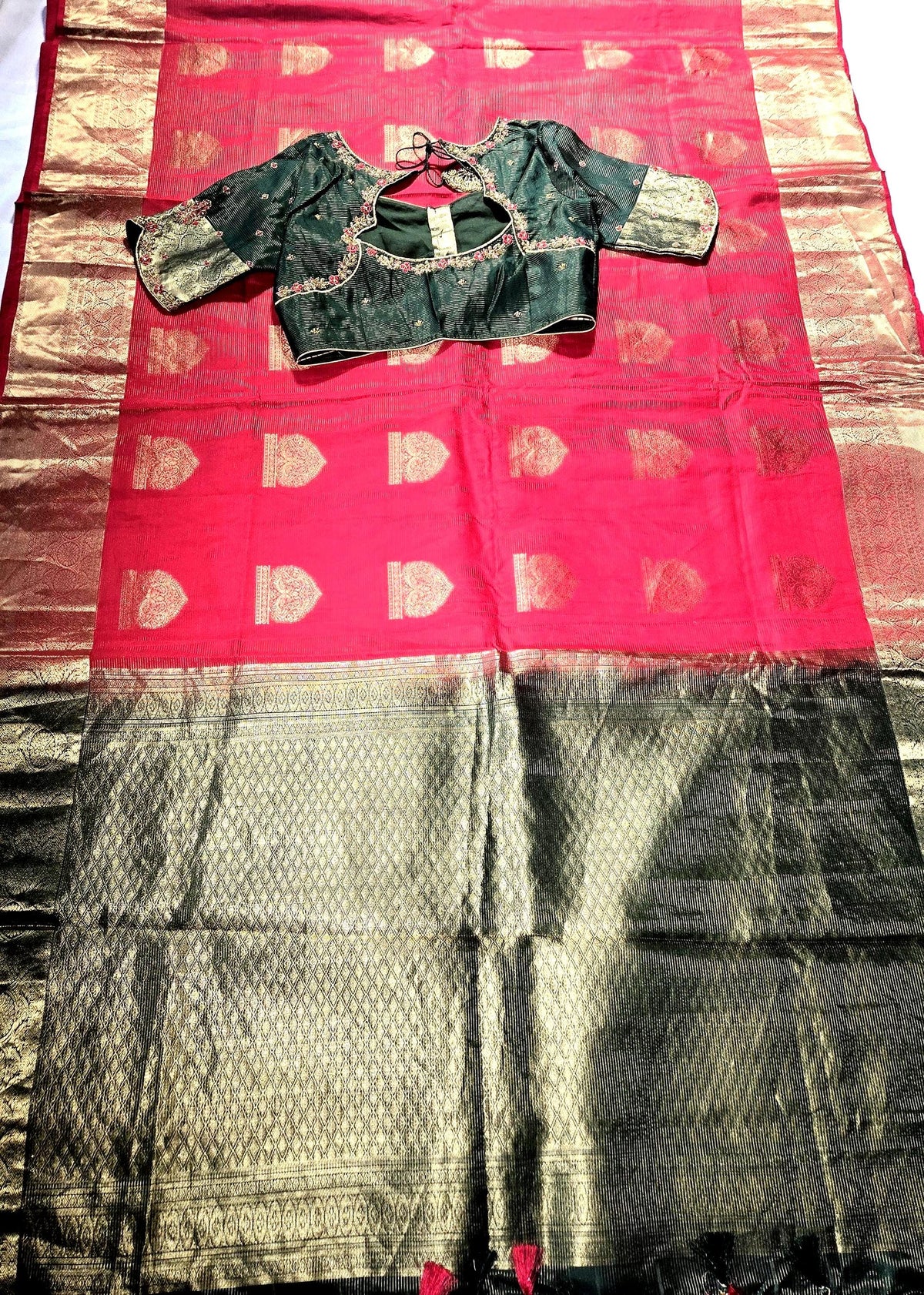 Handloom Pure Kanjivaram Red Silk Saree with Stitched Blouse | Wedding Saree With Stitched Maggam Work Blouse | Indian Party Wear Saree