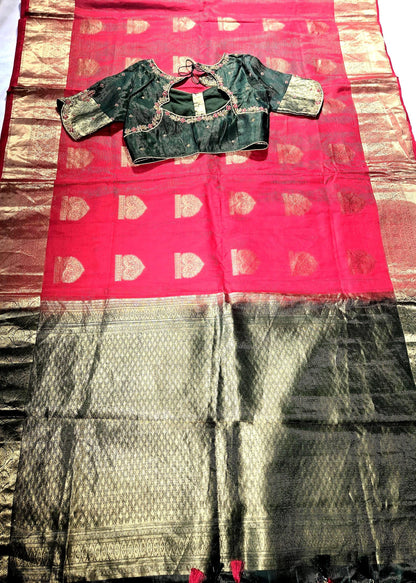 Handloom Pure Kanjivaram Red Silk Saree with Stitched Blouse | Wedding Saree With Stitched Maggam Work Blouse | Indian Party Wear Saree