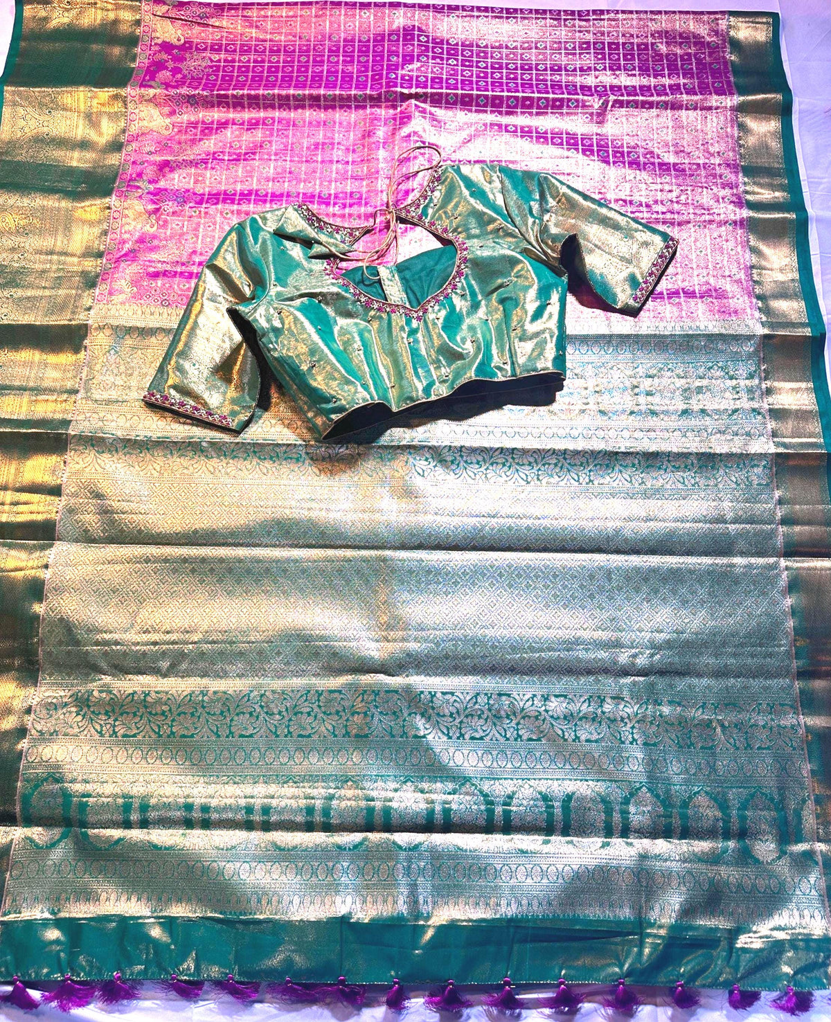 Premium Kanjivaram Brocade Semi Silk Saree with Stitched Maggam Work Blouse Partywear Grand Saree for Wedding receptions.