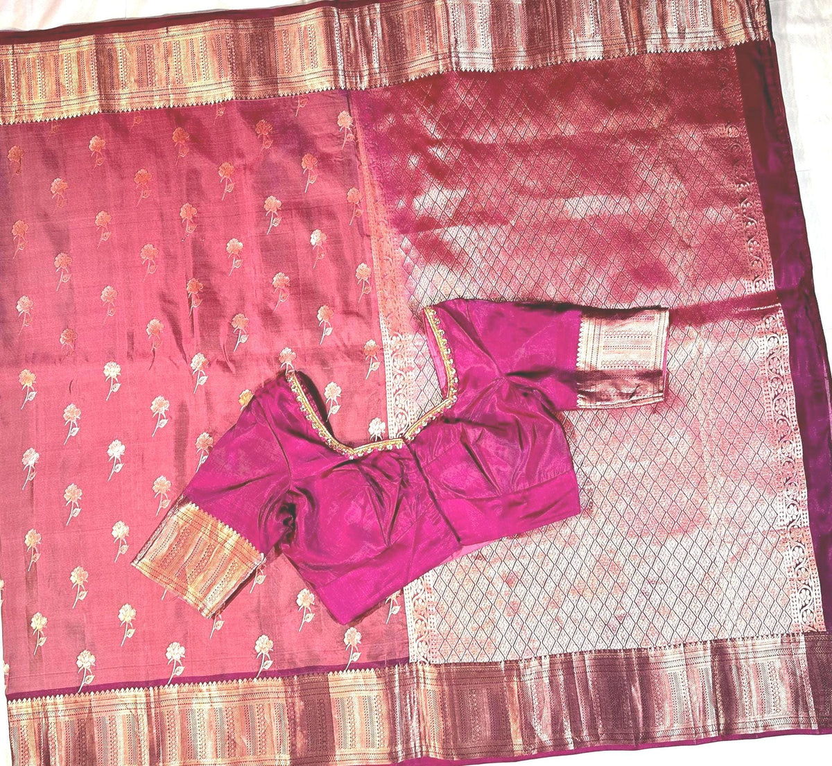 Handloom Kanjivaram Silk Saree with Stitched Blouse | Wedding Saree with Stitched Blouse | Indian Party Wear Saree