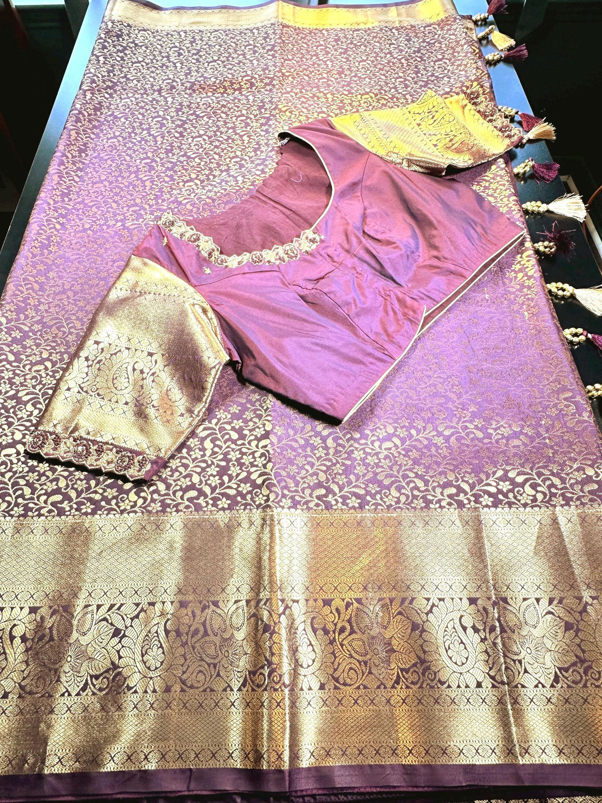 Kanjivaram Tissue Semi Silk Saree with Stitched Maggam Work Blouse | Indian Wedding Saree | Ships From USA