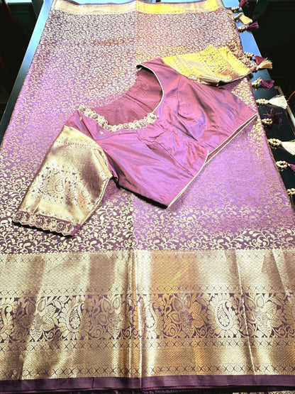 Kanjivaram Tissue Semi Silk Saree with Stitched Maggam Work Blouse | Indian Wedding Saree | Ships From USA