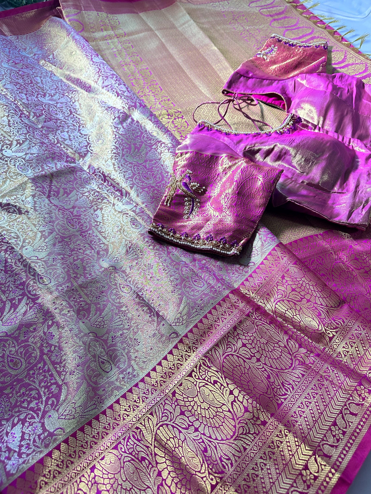 Premium Kanjivaram Semi  Silk Saree | Maggam Work Blouse Ready to wear