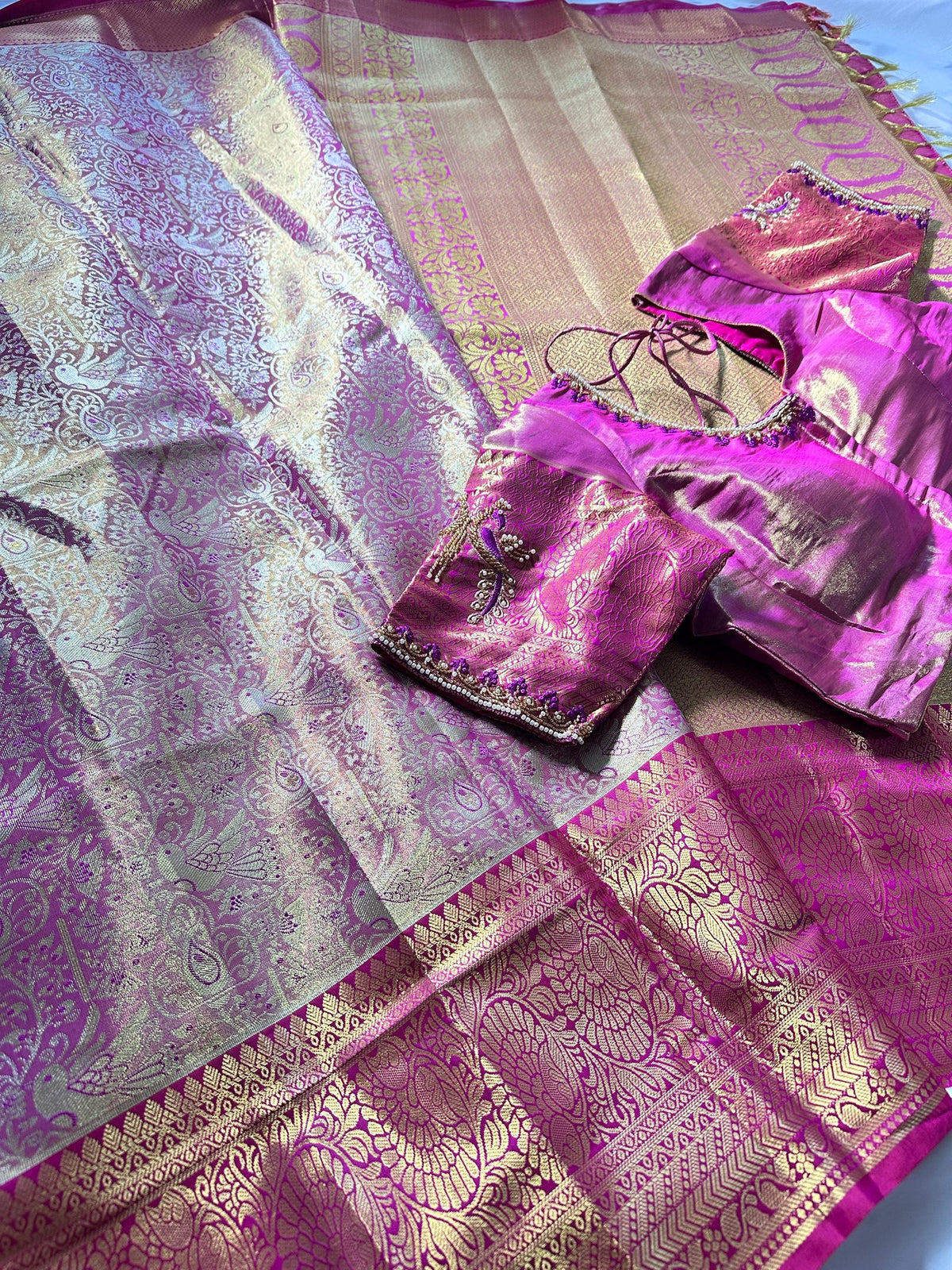 Premium Kanjivaram Semi  Silk Saree | Maggam Work Blouse Ready to wear