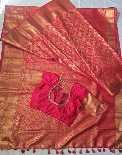 Premium Kanchivaram Semi Silk Saree with Maggam Work Blouse, Ready-to-wear, Shipping from USA