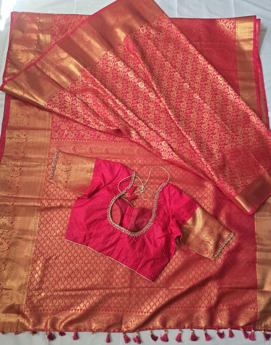 Premium Kanchivaram Semi Silk Saree with Maggam Work Blouse, Ready-to-wear, Shipping from USA