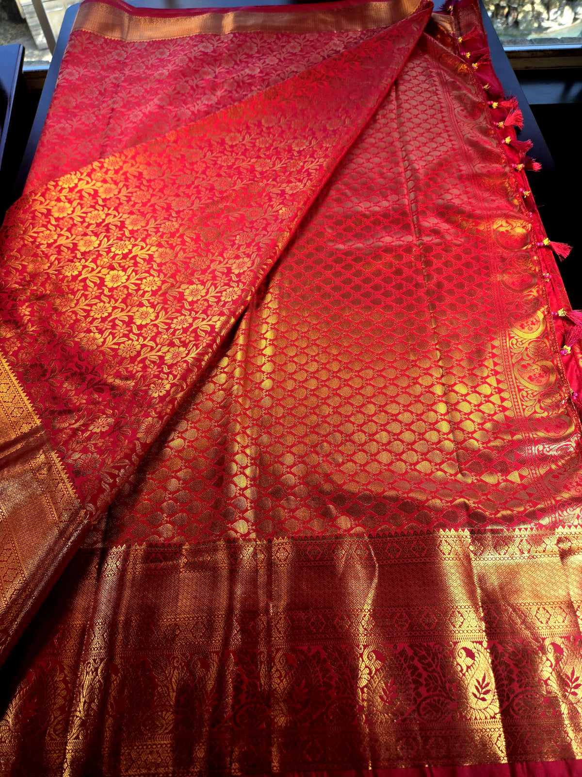 Premium Kanchivaram Semi Silk Saree with Maggam Work Blouse, Ready-to-wear, Shipping from USA