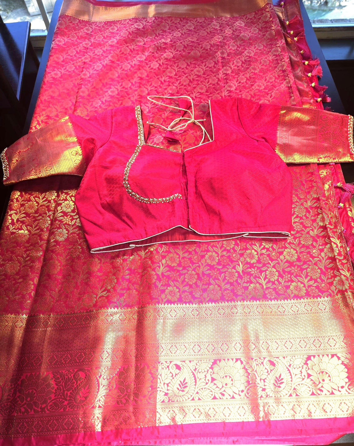 Premium Kanchivaram Semi Silk Saree with Maggam Work Blouse, Ready-to-wear, Shipping from USA