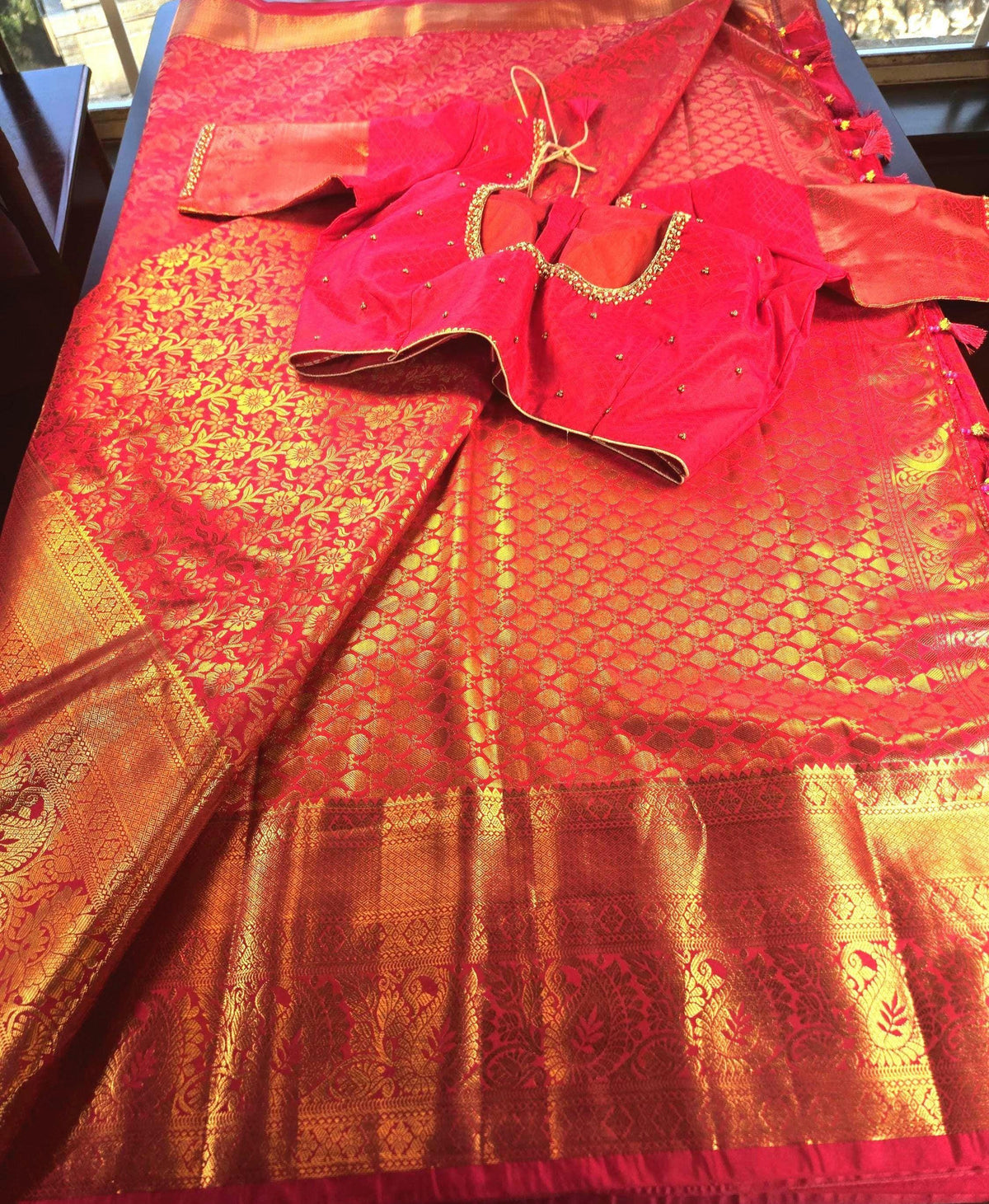 Premium Kanchivaram Semi Silk Saree with Maggam Work Blouse, Ready-to-wear, Shipping from USA