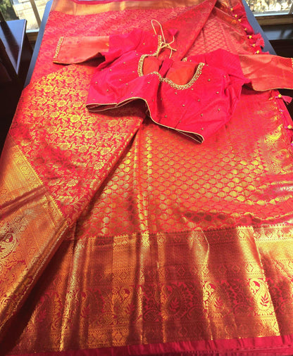 Premium Kanchivaram Semi Silk Saree with Maggam Work Blouse, Ready-to-wear, Shipping from USA
