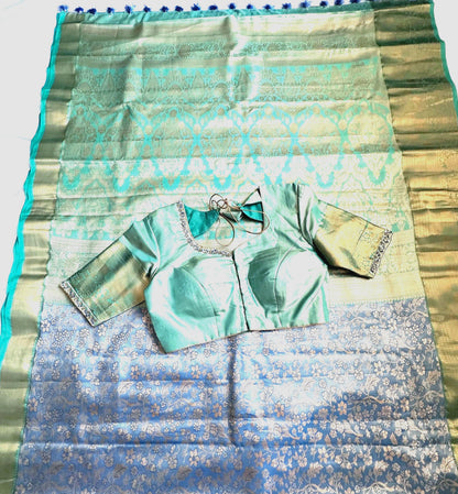 Kanjivaram Semi Silk Saree with Stitched Maggam Work Blouse Indian Wedding Saree | Ships From USA