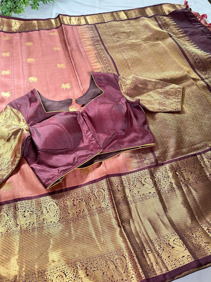 Handloom Kanjivaram Silk Saree with Stitched Blouse, Shipping from USA, Partywear Saree Ready to wear