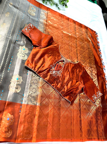 Handloom Kanjivaram Pure Silk Saree with Stitched Blouse | Wedding Saree With Stitched Blouse | Indian Party Wear Saree