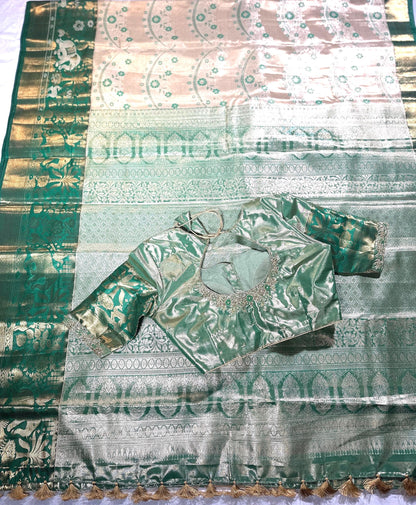 Pastel Shade Meenakari weaving Kanchivaram Semi Silk Saree with Maggam Work Blouse Ready-to-wear, Shipping from USA.