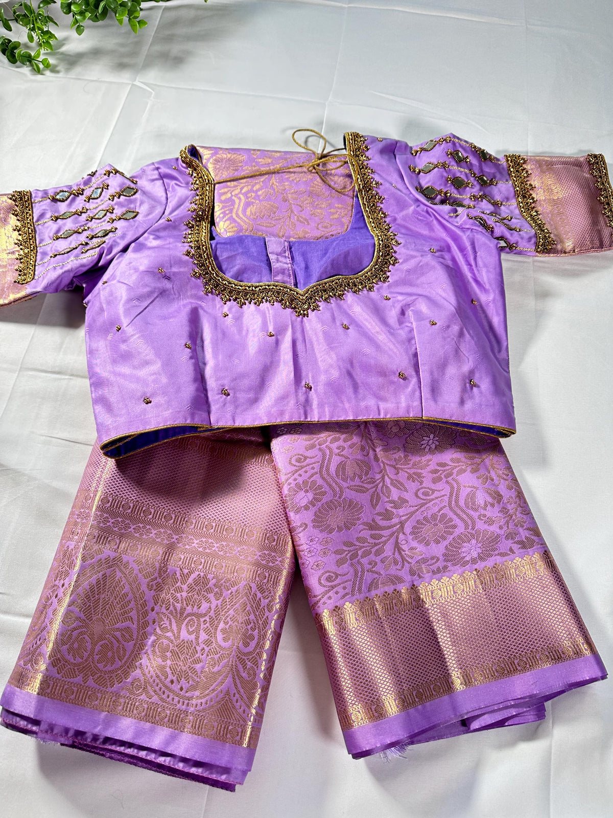Kanjivaram Brocade Premium Semi Silk Saree with Stitched Maggam Work Mirror Work Blouse. Ready to wear. Shipping from USA