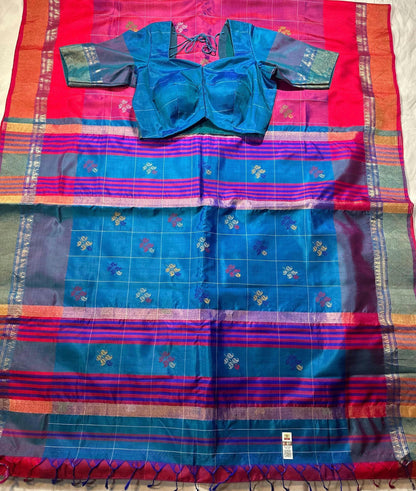 Handloom Jamdhani Weaving Bengal  Pure Silk  Saree with Silk Mark | Party Wear Wedding Silk Saree | Stitched Blouse