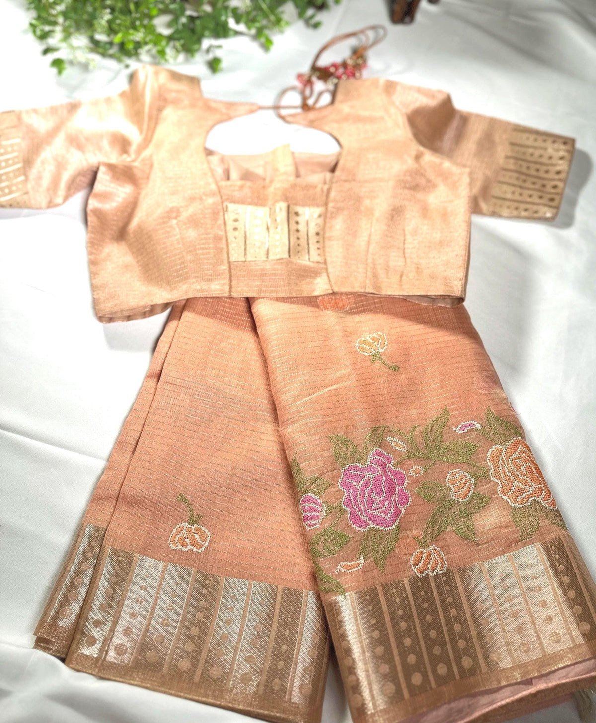 Tissue Kota Silk Saree with Floral Embroidery | Stitched Blouse | Indian Wedding & Party Wear Saree | Ships from USA