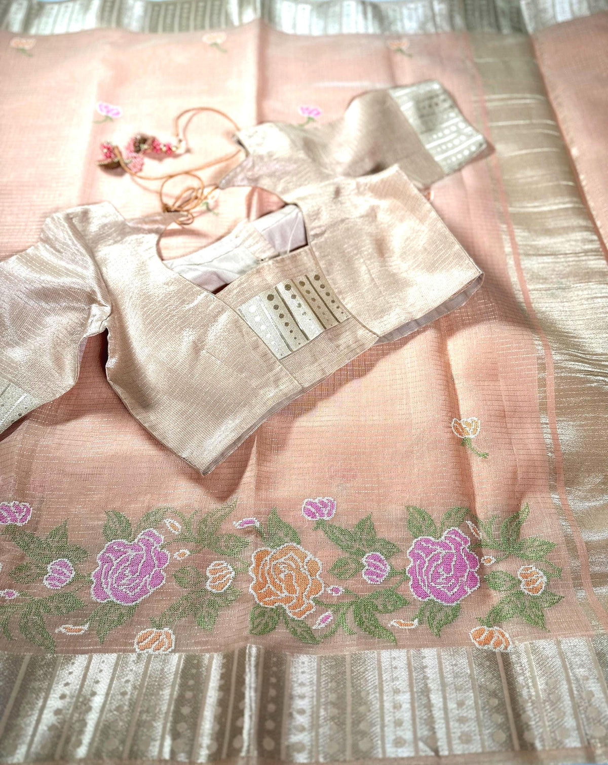 Tissue Kota Silk Saree with Floral Embroidery | Stitched Blouse | Indian Wedding & Party Wear Saree | Ships from USA