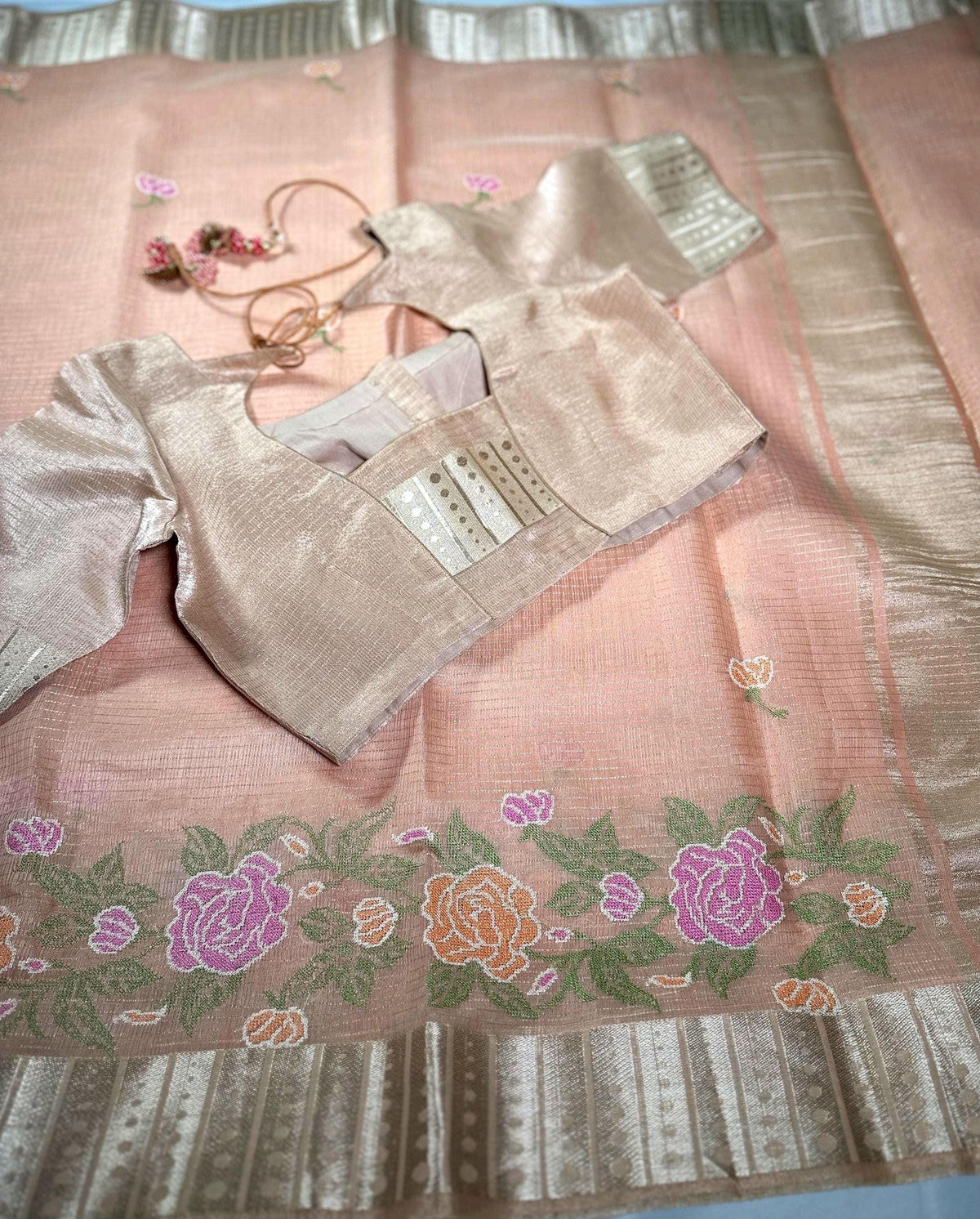 Tissue Kota Silk Saree with Floral Embroidery | Stitched Blouse | Indian Wedding & Party Wear Saree | Ships from USA