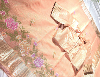 Tissue Kota Silk Saree with Floral Embroidery | Stitched Blouse | Indian Wedding & Party Wear Saree | Ships from USA