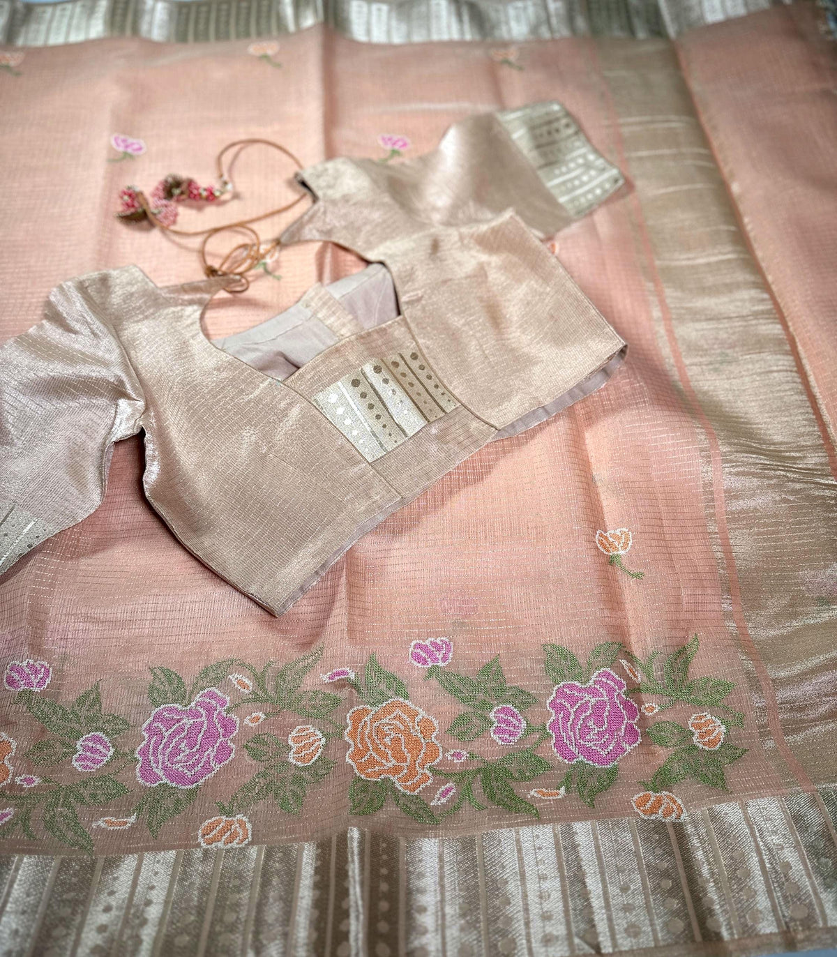 Tissue Kota Silk Saree with Floral Embroidery | Stitched Blouse | Indian Wedding & Party Wear Saree | Ships from USA