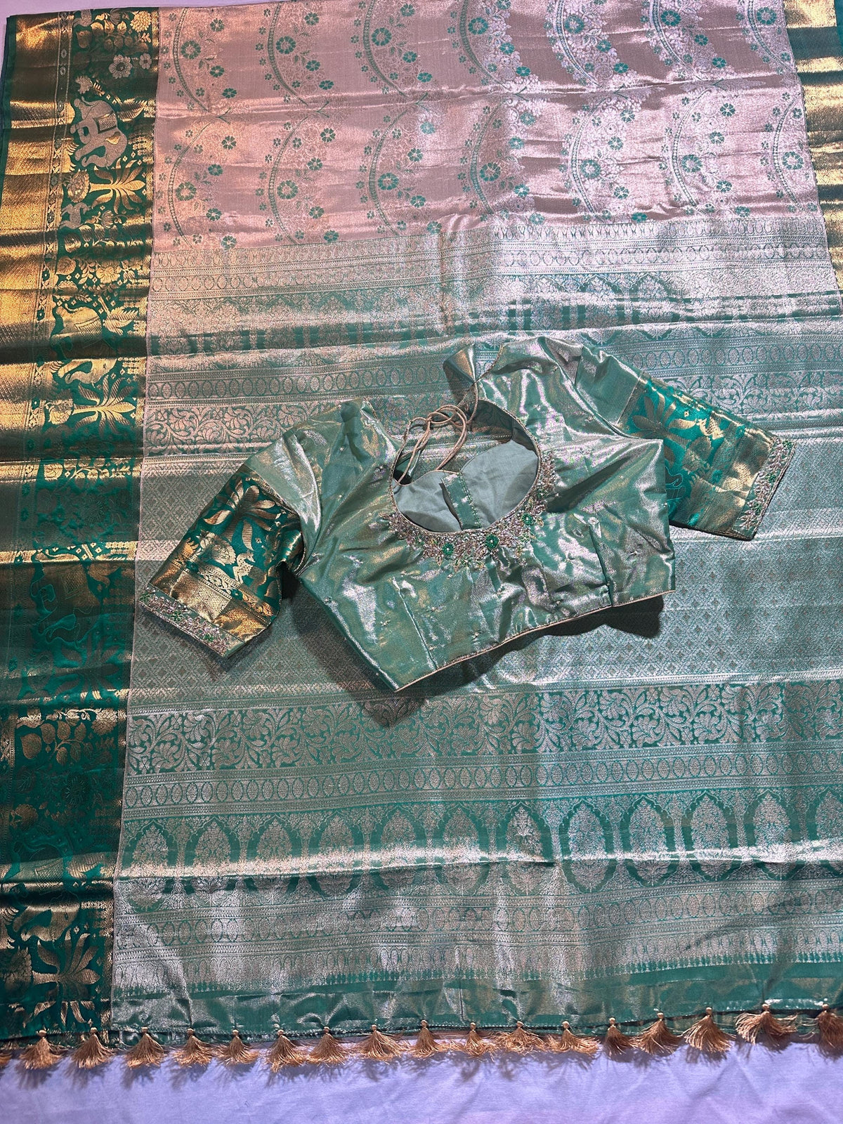 Pastel Shade Meenakari weaving Kanchivaram Semi Silk Saree with Maggam Work Blouse Ready-to-wear, Shipping from USA.