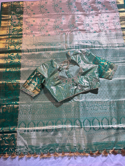 Pastel Shade Meenakari weaving Kanchivaram Semi Silk Saree with Maggam Work Blouse Ready-to-wear, Shipping from USA.