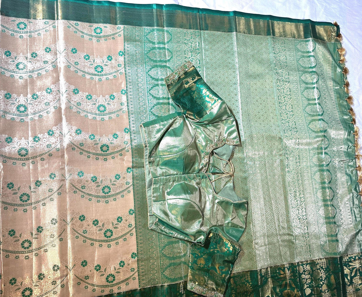 Pastel Shade Meenakari weaving Kanchivaram Semi Silk Saree with Maggam Work Blouse Ready-to-wear, Shipping from USA.