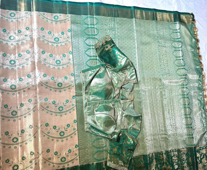 Pastel Shade Meenakari weaving Kanchivaram Semi Silk Saree with Maggam Work Blouse Ready-to-wear, Shipping from USA.