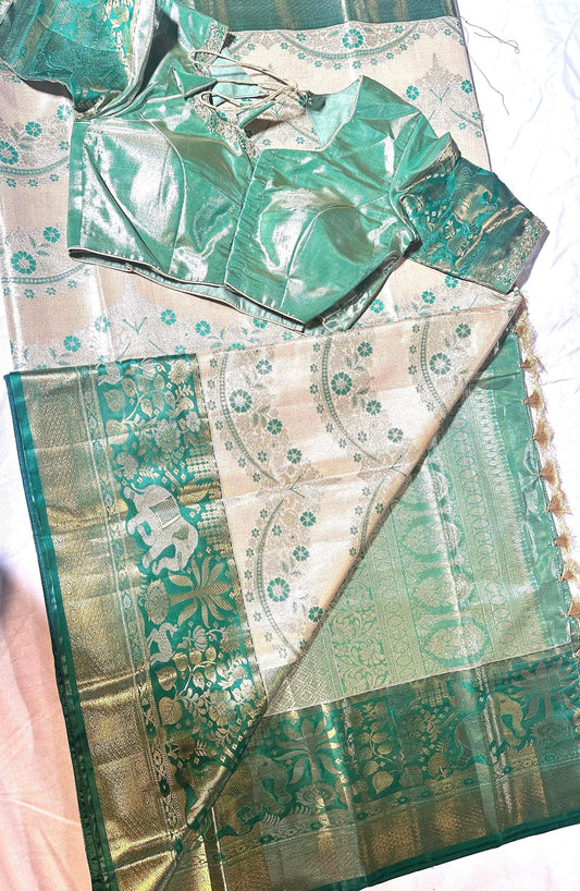 Pastel Shade Meenakari weaving Kanchivaram Semi Silk Saree with Maggam Work Blouse Ready-to-wear, Shipping from USA.