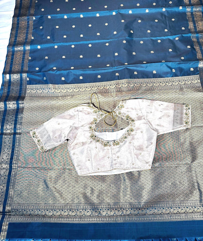 Handloom Light Weight Kanjivaram Silk Saree Gift Saree with Running Blouse, Maggam Work Stitched Blouse | Wedding & Party Saree