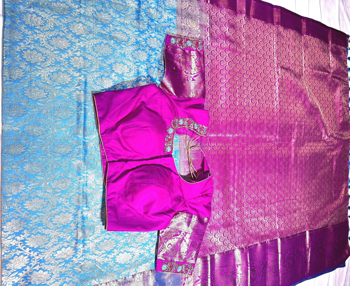 Premium Kanjivaram Silk Saree with Stitched Maggam Work Blouse, Wedding Party Wear