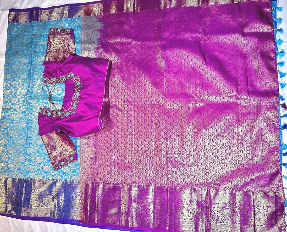 Premium Kanjivaram Silk Saree with Stitched Maggam Work Blouse, Wedding Party Wear