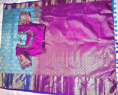 Premium Kanjivaram Silk Saree with Stitched Maggam Work Blouse, Wedding Party Wear