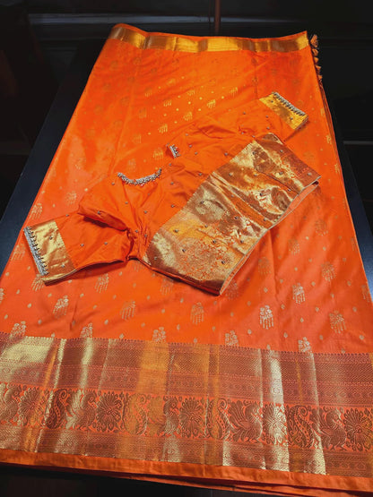 Kanjivaram Premium Semi Silk Saree with Stitched Maggam Work Blouse | Indian Wedding Orange Saree | Ships From USA