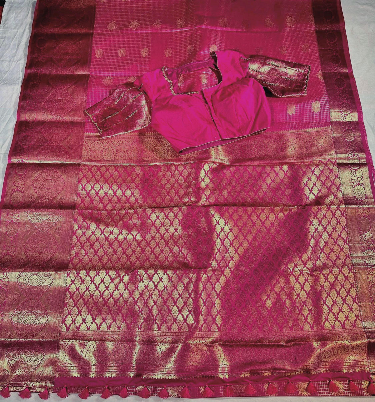 Kanjivaram Premium Semi Silk Saree with Stitched Maggam Work Blouse | Indian Wedding Saree | Ships From USA